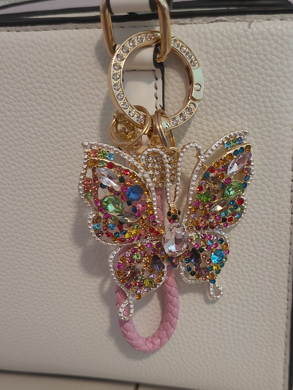 Rhinestone Multicolor Butterfly Keychain with Pink Braided Loop